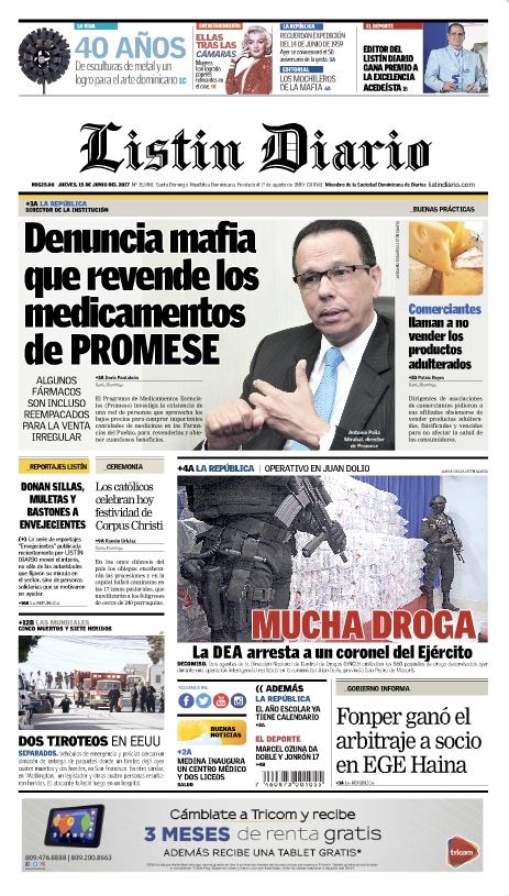 Portada Listín Diario, Jueves 15 de Junio del 2017