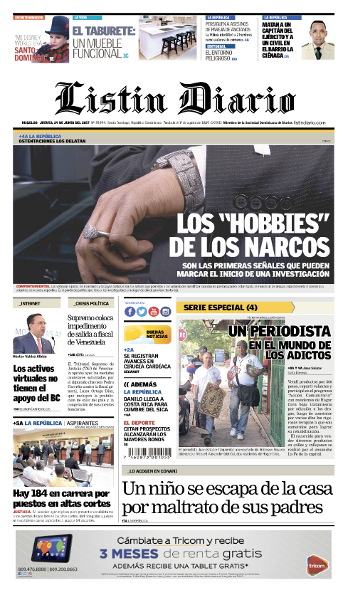 Portada Listín Diario, Jueves 29 de Junio del 2017