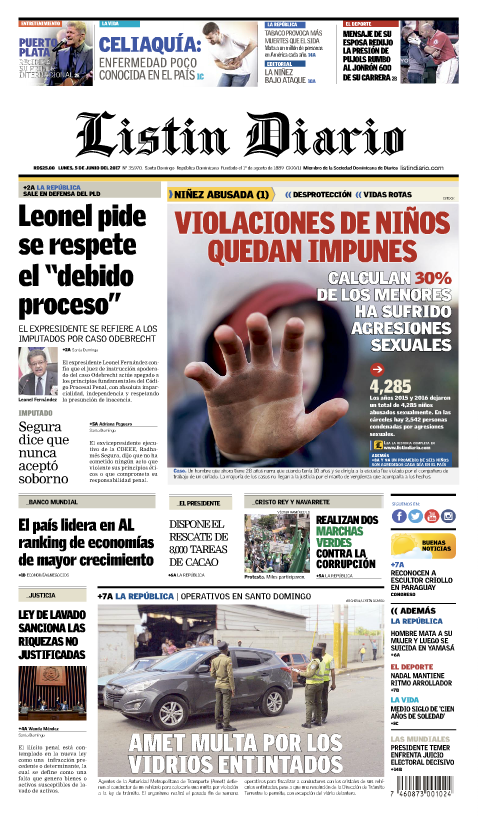 Portada Listín Diario, Lunes 5 de Junio del 2017