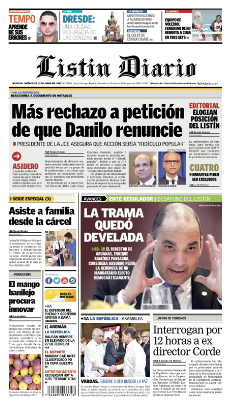 Portada Listín Diario, Miércoles 21 de Junio del 2017