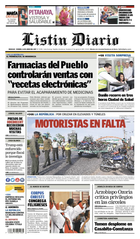 Portada Listín Diario, Viernes 16 de Junio del 2017