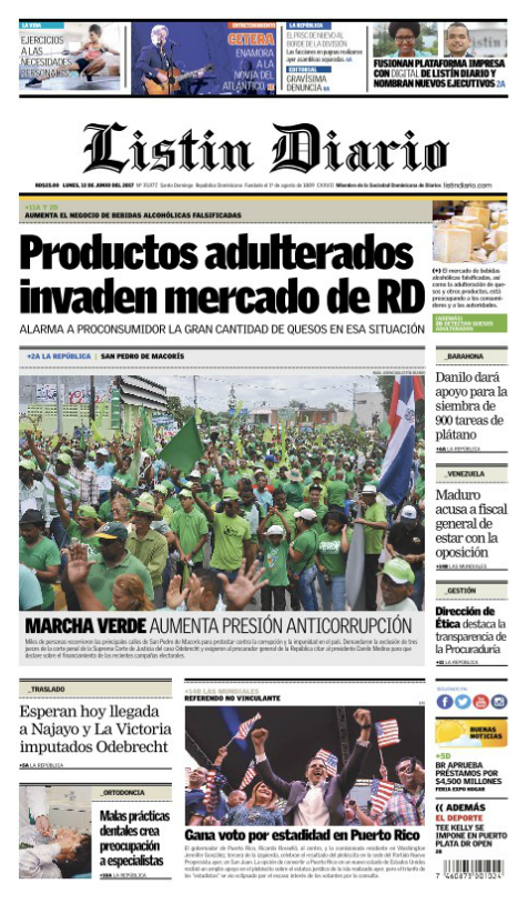 Portada Listín Diario, Lunes 12 de Junio del 2017