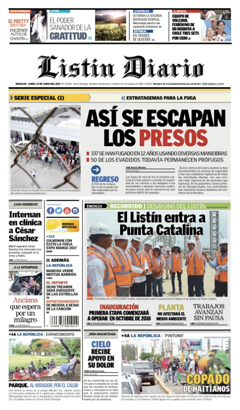 Portada Listín Diario, Lunes 19 de Junio del 2017