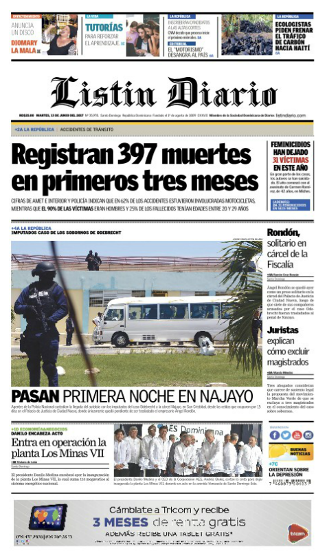 Portada Listín Diario, Martes 13 de Junio del 2017