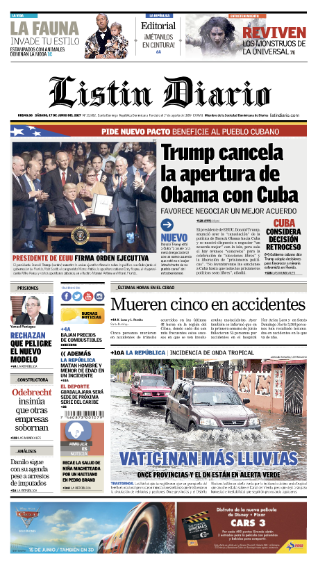 Portada Listín Diario, Sábado 17 de Junio del 2017