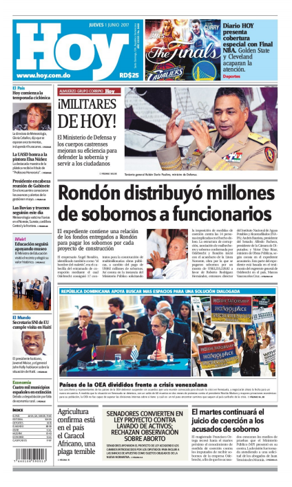 Portada Periódico Hoy, Jueves 1 de Junio del 2017