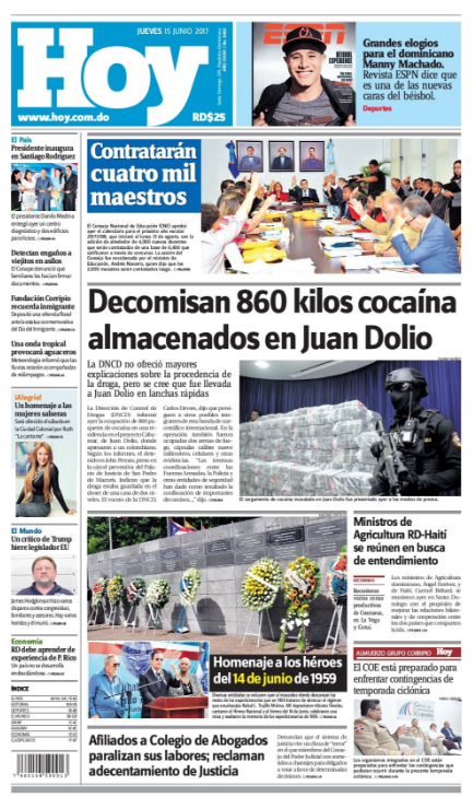 Portada Periódico Hoy, Jueves 15 de Junio del 2017
