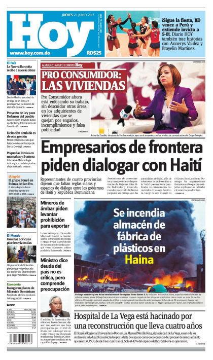 Portada Periódico Hoy, Jueves 22 de Junio del 2017