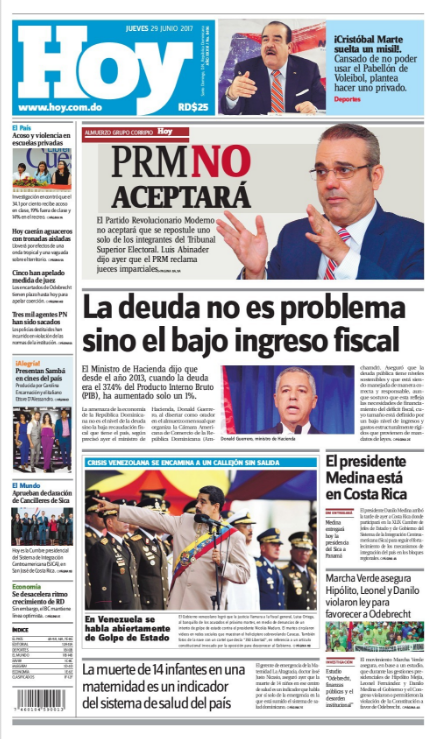 Portada Periódico Hoy, Jueves 29 de Junio del 2017