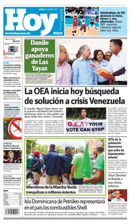 Portada Periódico Hoy, Lunes 19 de Junio del 2017