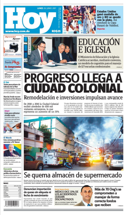 Portada Periódico Hoy, Lunes 26 de Junio del 2017