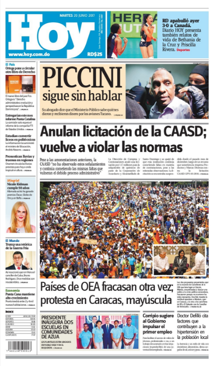 Portada Periódico Hoy, Martes 20 de Junio del 2017