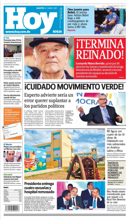 Portada Periódico Hoy, Martes 27 de Junio del 2017