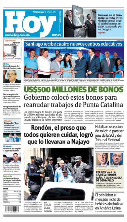 Portada Periódico Hoy, Miércoles 14 de Junio del 2017