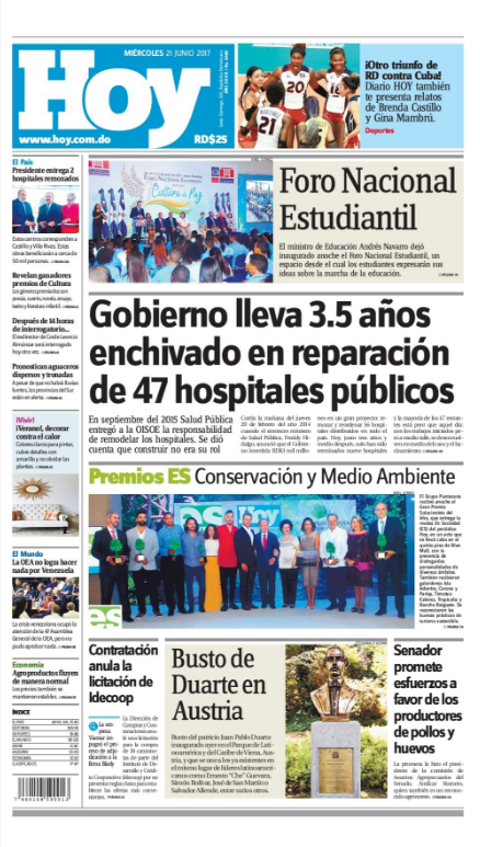 Portada Periódico Hoy, Miércoles 21 de Junio del 2017