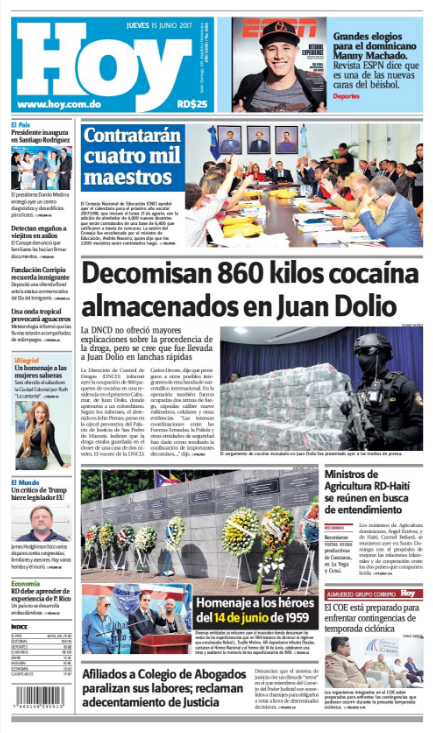 Portada Periódico Hoy, Viernes 16 de Junio del 2017