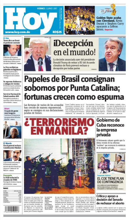 Portada Periódico Hoy, Viernes 2 de Junio del 2017