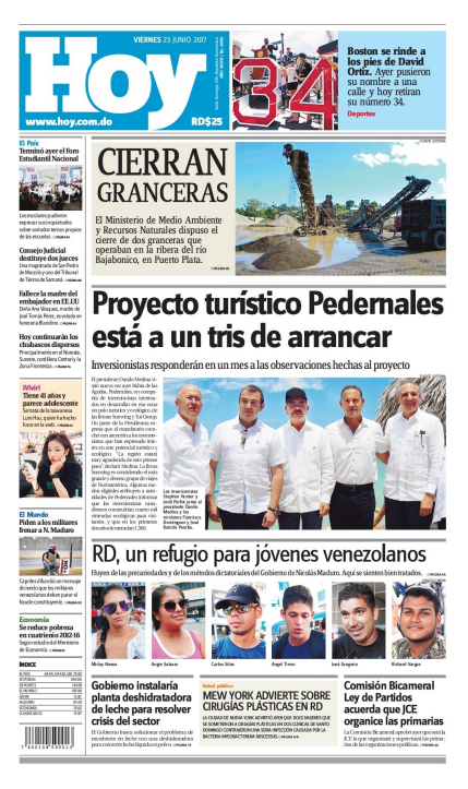 Portada Periódico Hoy, Viernes 23 de Junio del 2017