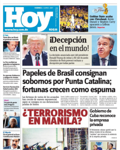 Portada Periódico Hoy, Viernes 2 de Junio del 2017