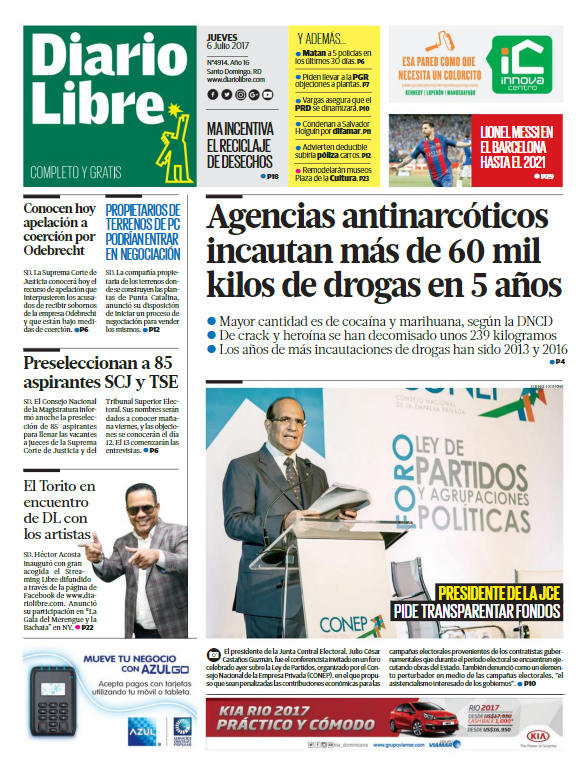 Portada Diario Libre, Jueves 06 de Julio del 2017