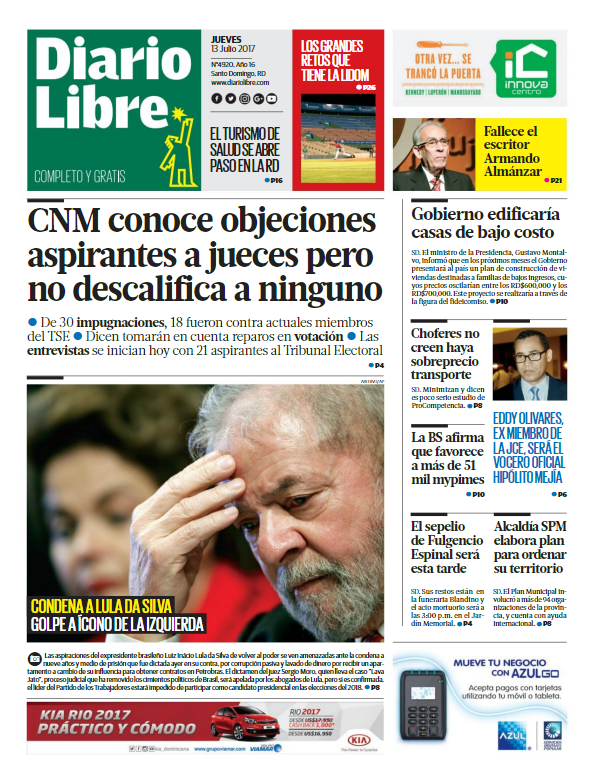 Portada Diario Libre, Jueves 13 de Julio 2017