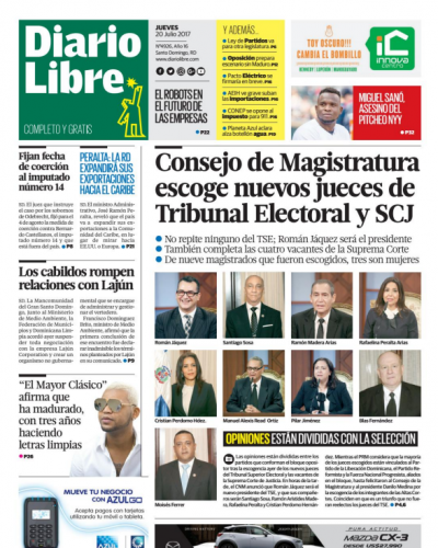 Portada Diario Libre, Jueves 20 de Julio 2017