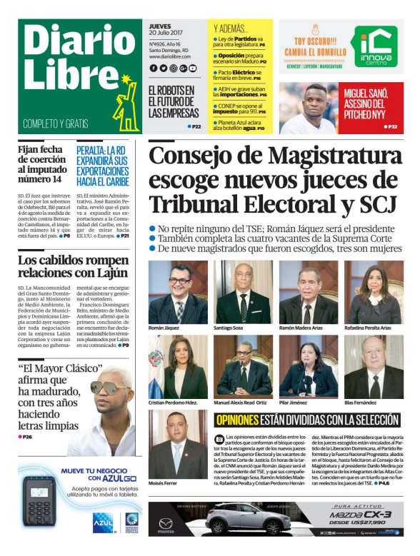Portada Diario Libre, Jueves 20 de Julio 2017