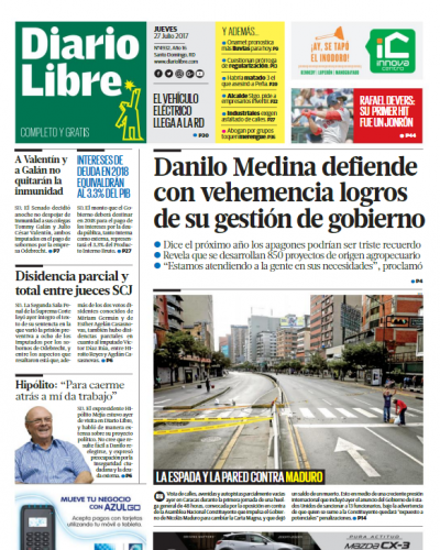 Portada Diario Libre, Jueves 27 de Julio 2017
