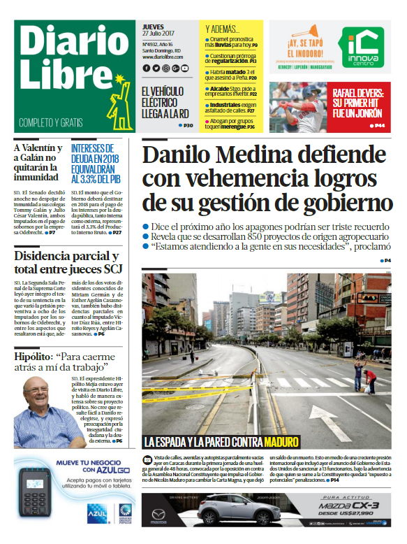 Portada Diario Libre, Jueves 27 de Julio 2017