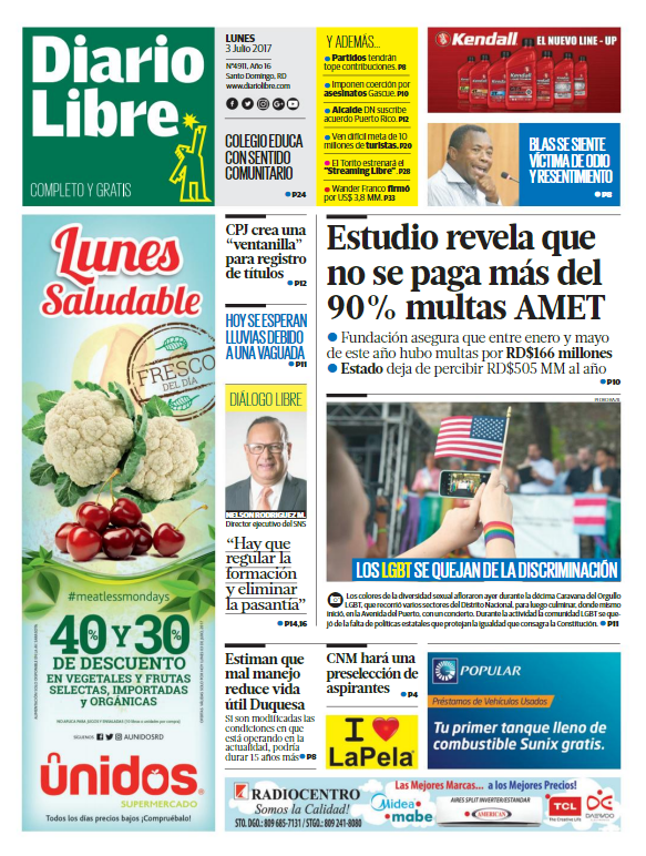 Portada Diario Libre, Lunes 03 de Julio del 2017