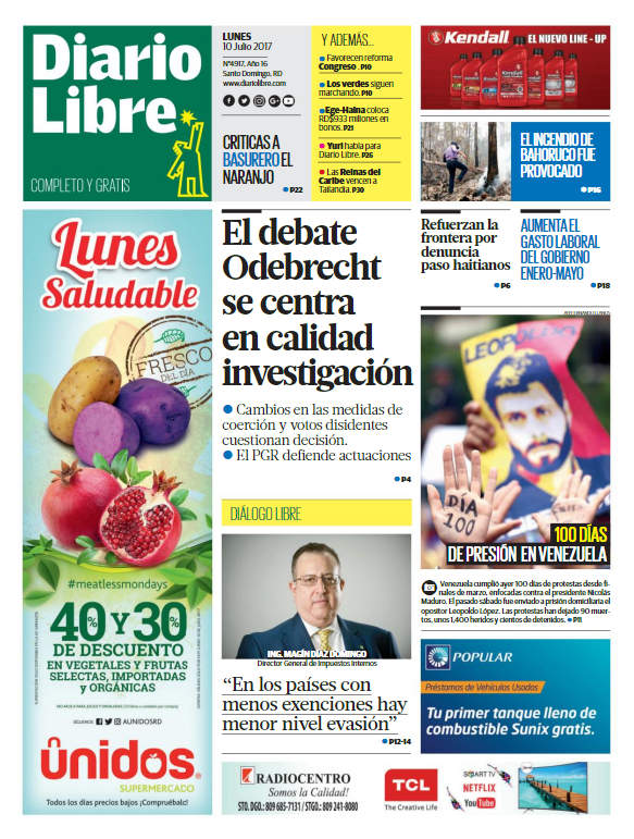 Portada Diario Libre, Lunes 10 de Julio del 2017
