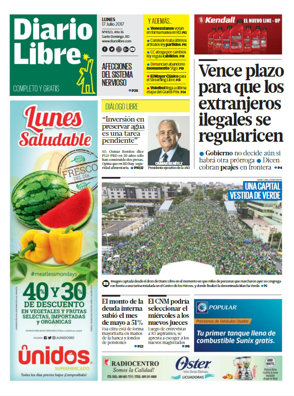 Portada Diario Libre, Lunes 17 de Julio 2017