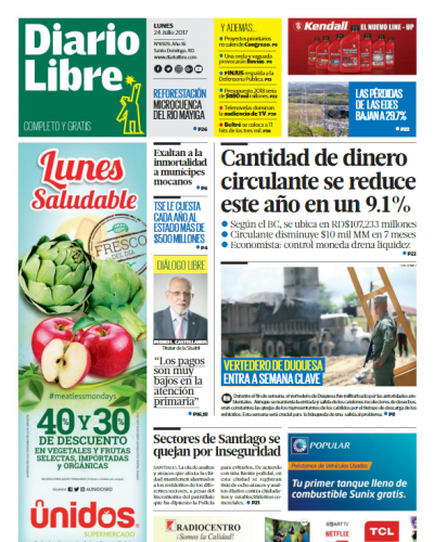 Portada Diario Libre, Lunes 24 de Julio 2017