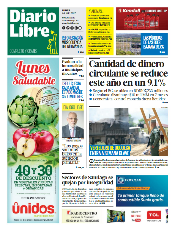 Portada Diario Libre, Lunes 24 de Julio 2017