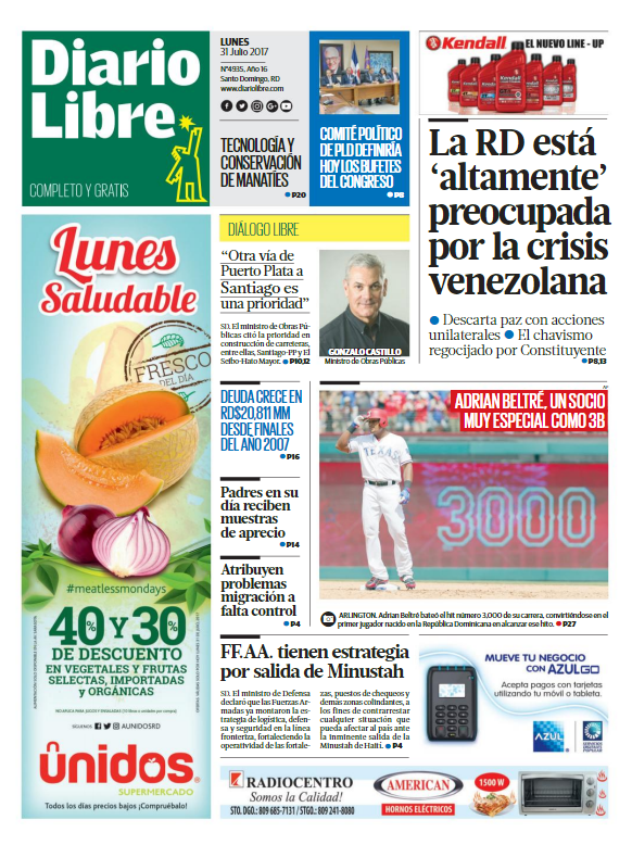 Portada Diario Libre, Lunes 31 de Julio 2017
