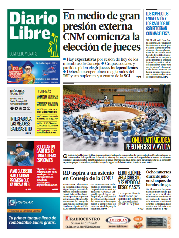 Portada Diario Libre, Miércoles 19 de Julio 2017