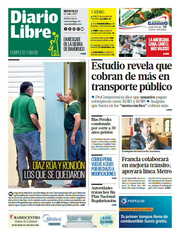 Portada Diario Libre, Miércoles 12 de Julio del 2017