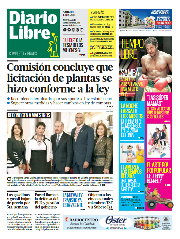 Portada Diario Libre, Sábado 01 de Julio del 2017