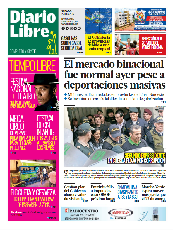 Portada Diario Libre, Sábado 15 de Julio 2017