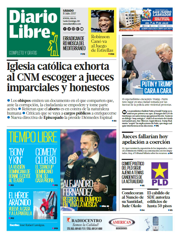 Portada Diario Libre, Sábado 08 de Julio del 2017