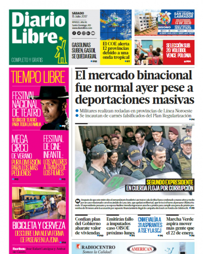 Portada Diario Libre, Sábado 15 de Julio 2017
