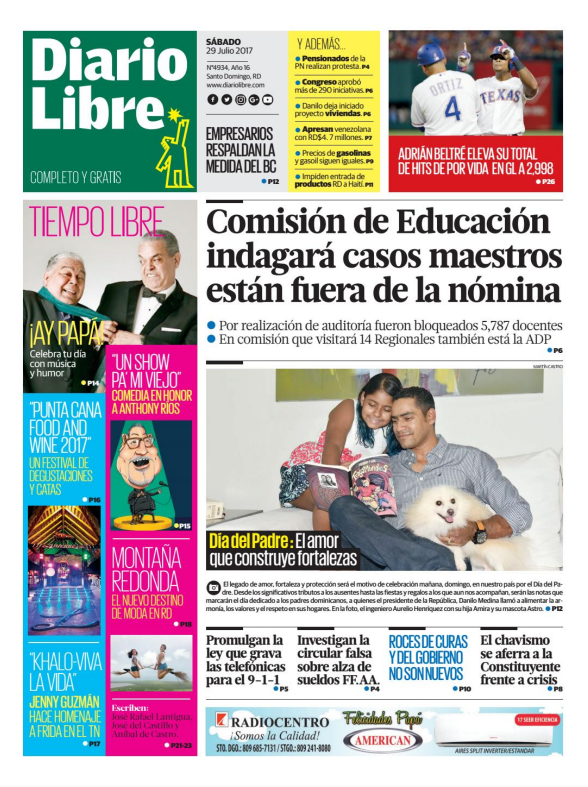 Portada Diario Libre, Sábado 29 de Julio 2017