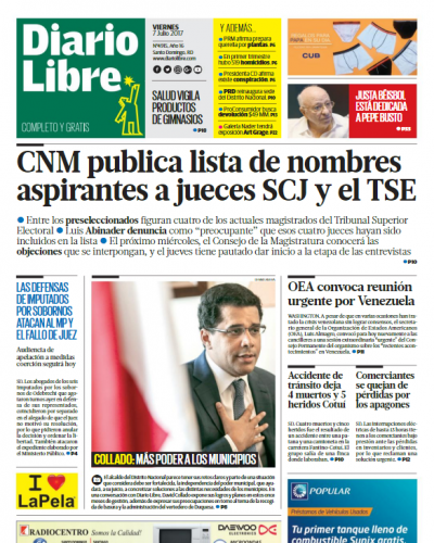 Portada Diario Libre, Viernes 07 de Julio del 2017