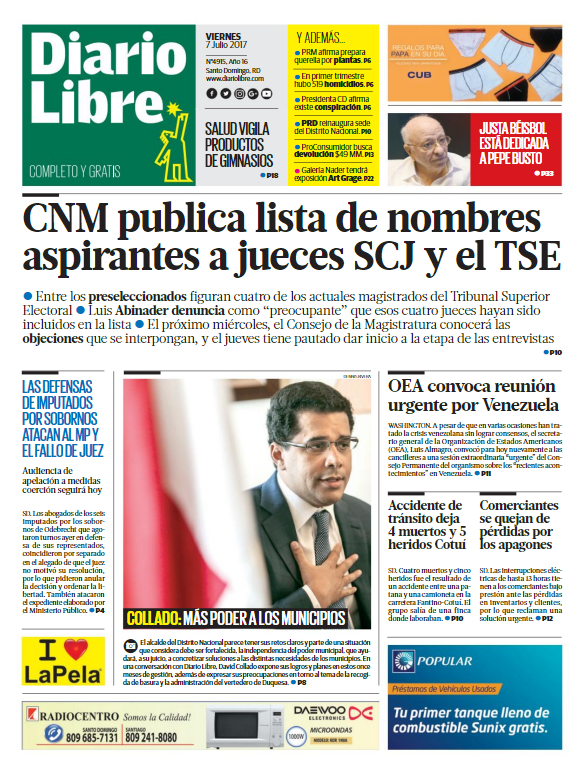 Portada Diario Libre, Viernes 07 de Julio del 2017