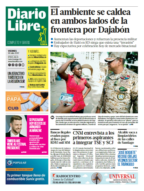 Portada Diario Libre, Viernes 14 de Julio del 2017