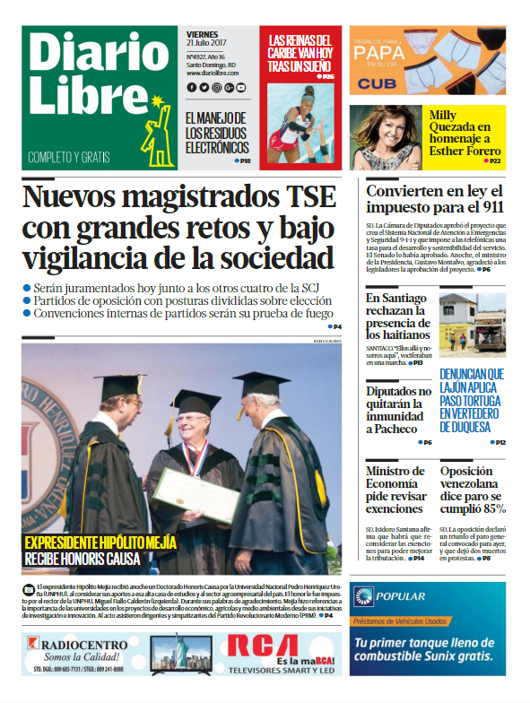 Portada Diario Libre, Viernes 21 de Julio 2017