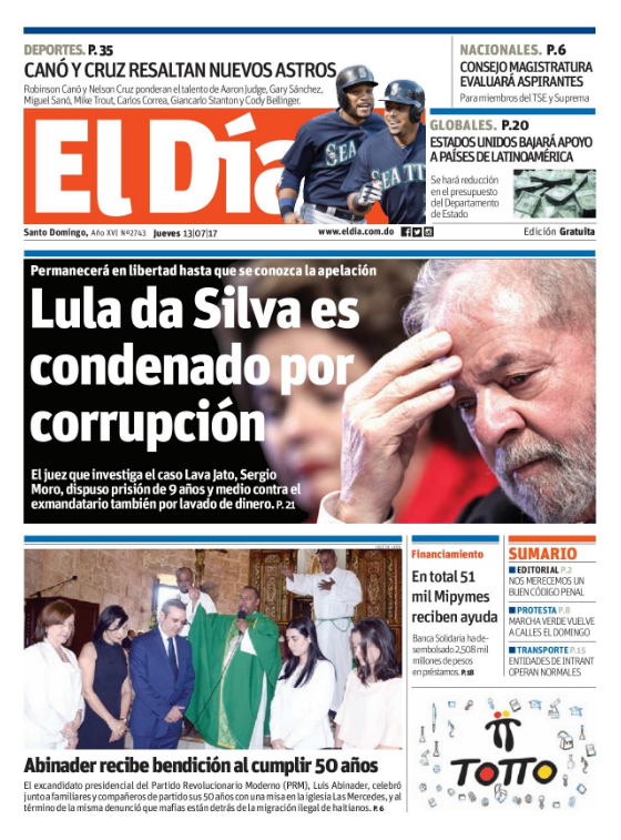 Portada El Día, Jueves 13 de Julio 2017