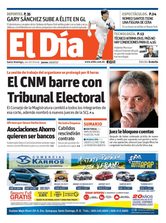Portada El Día, Jueves 20 de Julio 2017