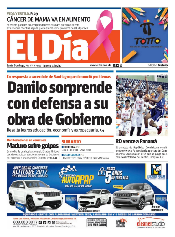 Portada El Día, Jueves 27 de Julio 2017
