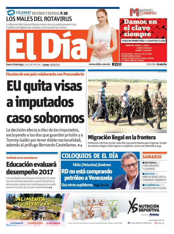 Portada El Día, Lunes 10 de Julio del 2017
